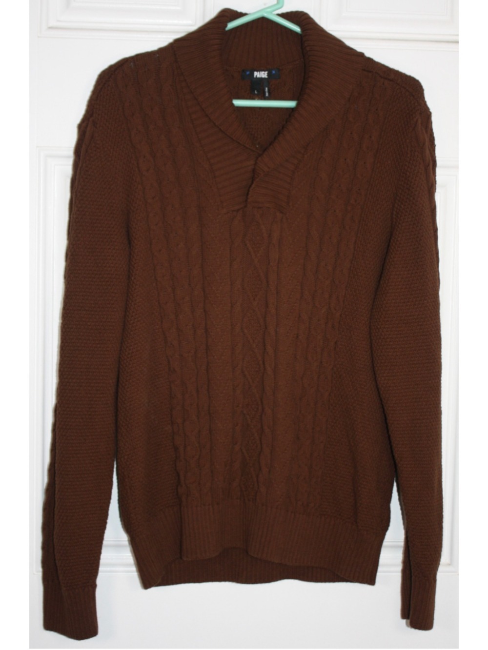 PAIGE Cobb Brown Cable Knit Cotton Shawl Collar Pullover Sweater Men Large L EUC